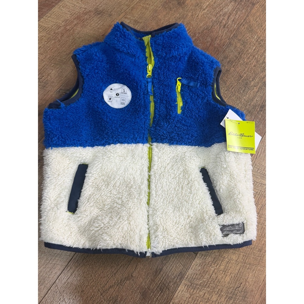 Eddie Bauer Kids Blue White Sherpa Fleece Full Zip Vest Neon Lime Accents 3T